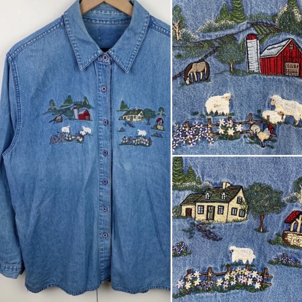 Vintage Farm Country Rooster Horse Sheep Embroidered Button Down Denim Shirt